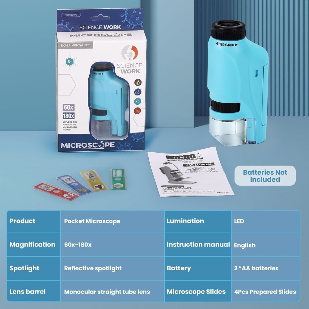 Portable Mini Microscope Handheld 60x-180x Lighted Microscope W/4 Slides, Blue