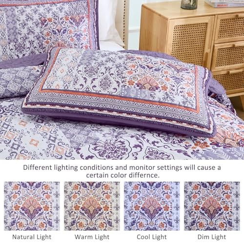 Purle Quilt Set Size,3 Pieces Boho Patchwork Bedspread Coverlet King Purple