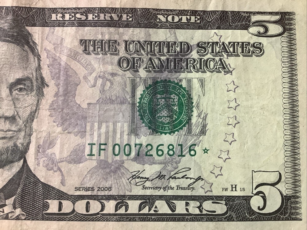 One Replacement ☆ Star ☆ Note $5 Five Dollar Bill ☆ Fancy Serial Number