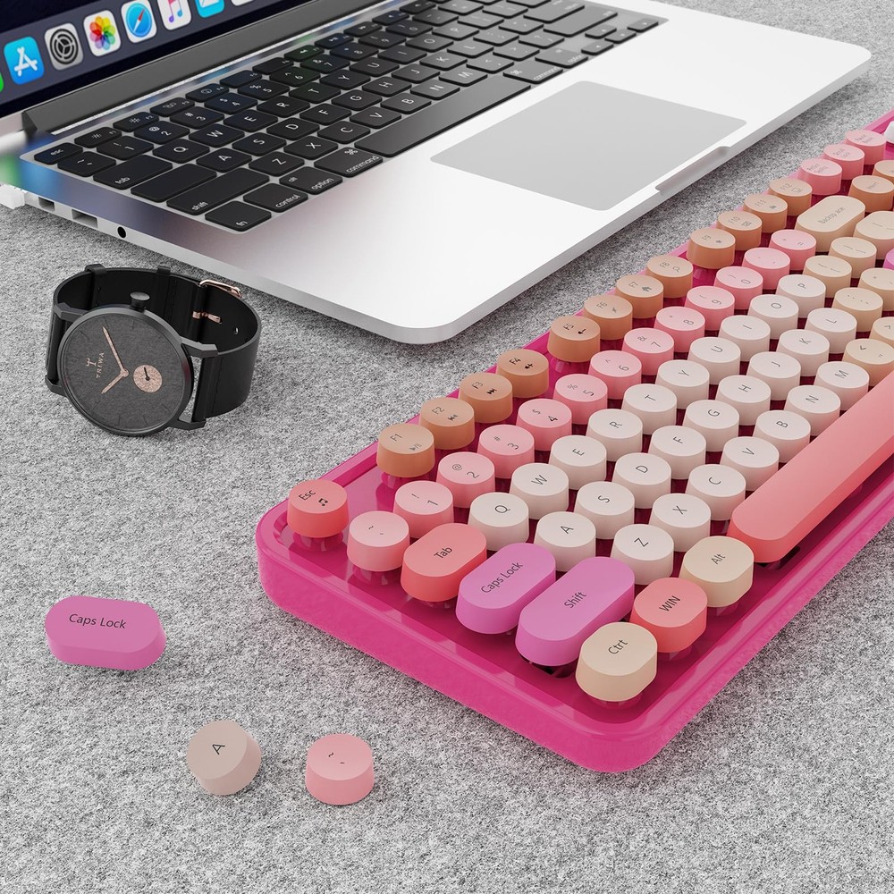 Red Wireless Keyboard Mouse Combo Full Size Retro Round Keycap PC Windows