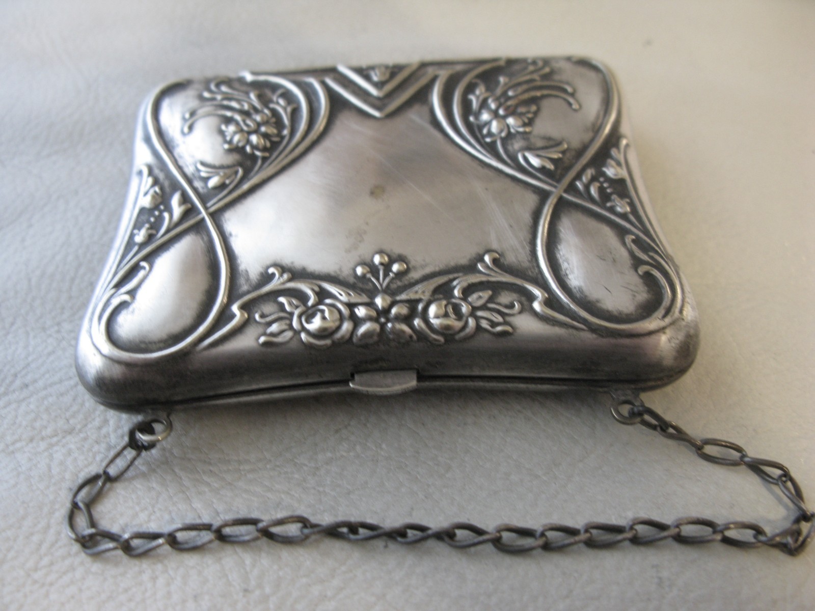 Antique Art Nouveau Silver Floral Card Case Mirror Lipstick Holder Purse Wallet