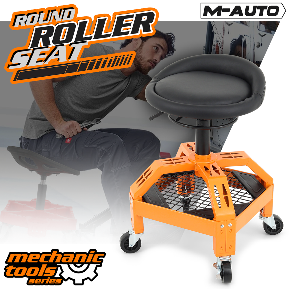 Rolling Garage Workshop Stool Adjustable Height Padded Creeper Seat w/Tool Tray