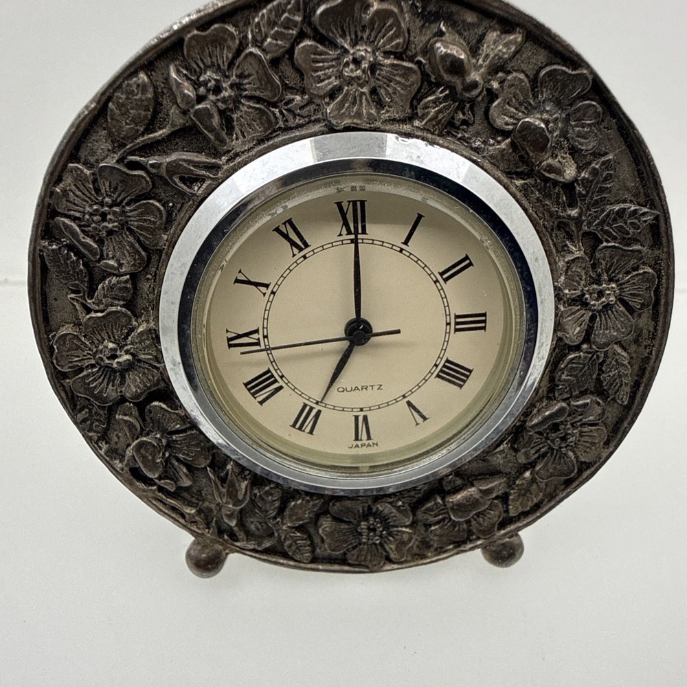 Vintage Silver Plated Silver Scenes Small Clock Inscribed Casing 60mm, 30mm Face