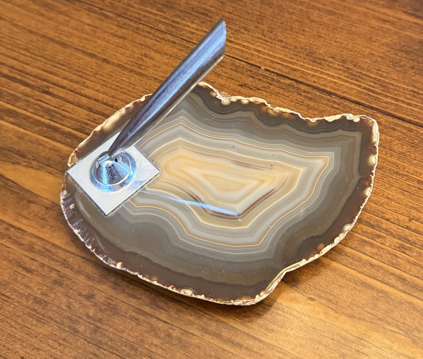 Vtg Polished Agate Slice W/Layers Desk Pen Holder W/Felt Bottom Rock Rimmed GC