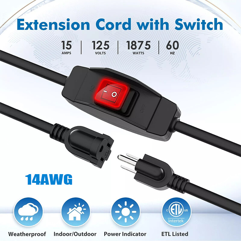 3-Prong Outdoor Extension Cord with Switch On/Off Waterproof Switch 15A 1875W