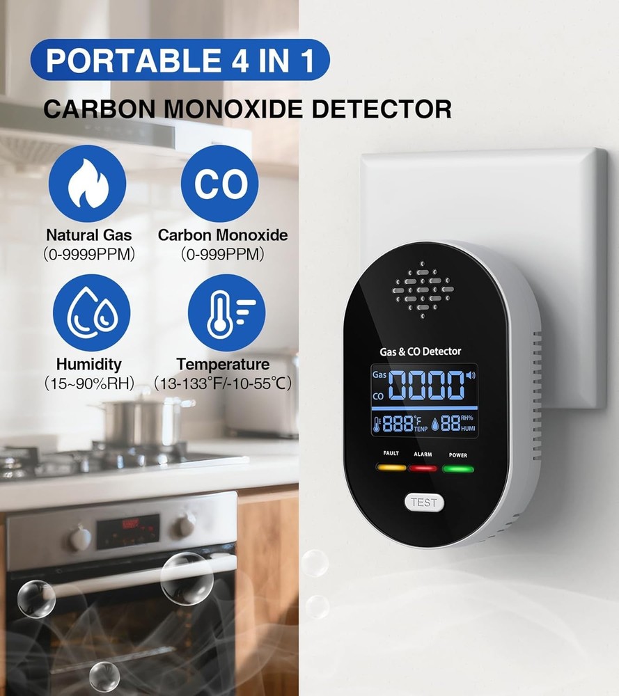 Carbon Monoxide Detector Warning Alarm Sensor Temperature Humidity Display Plug