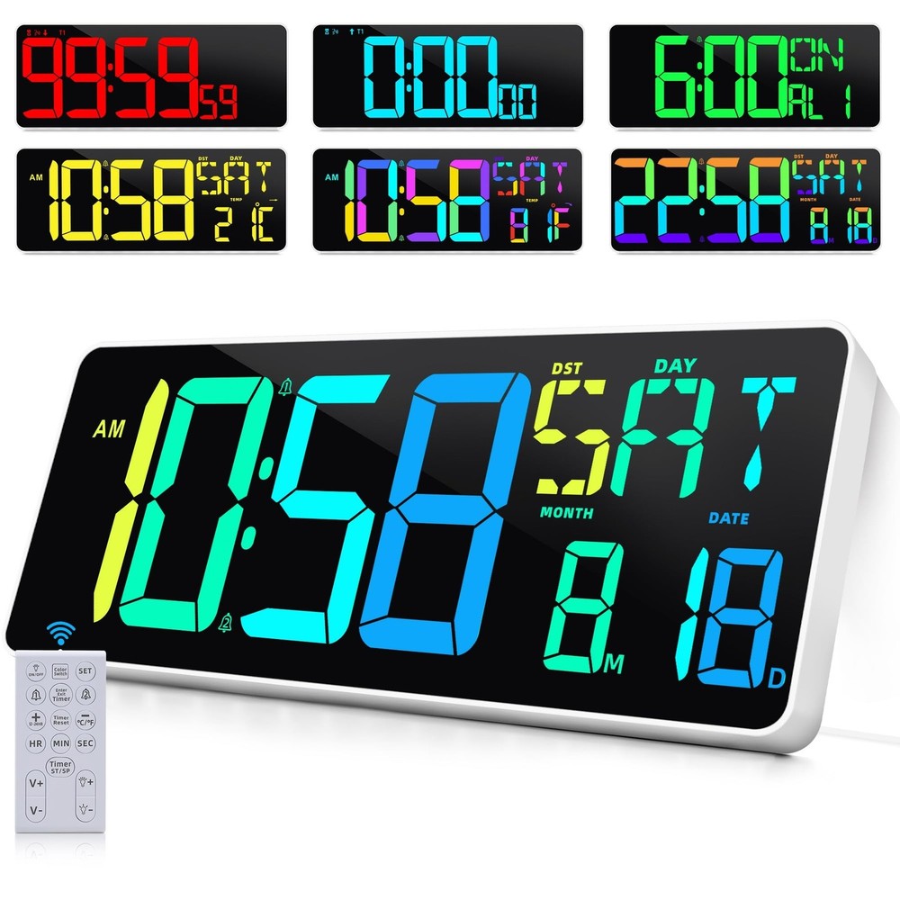 Large Digital Wall Clock Timer 13.5" Large Display Available In 11 Color Mode...