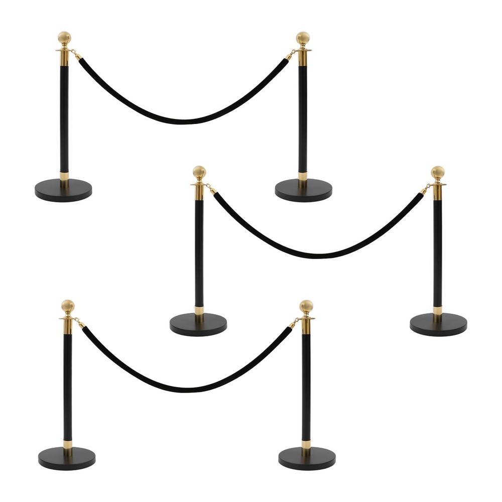 6x Gold+Black Stanchion Posts Queue Pole with 3 1.5M Ropes Crowd Control Barrier