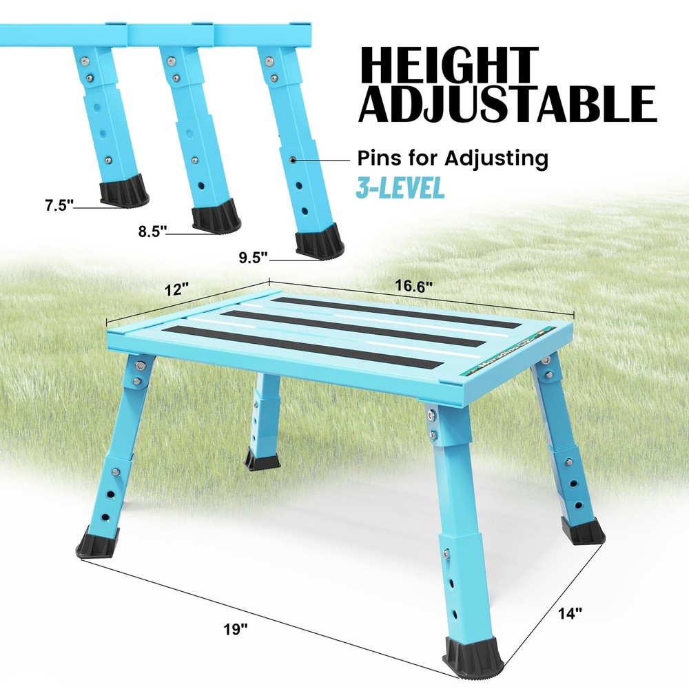 Marudina Large Platform RV Steps, 3-Level Adjustable Height Aluminum Folding Ste