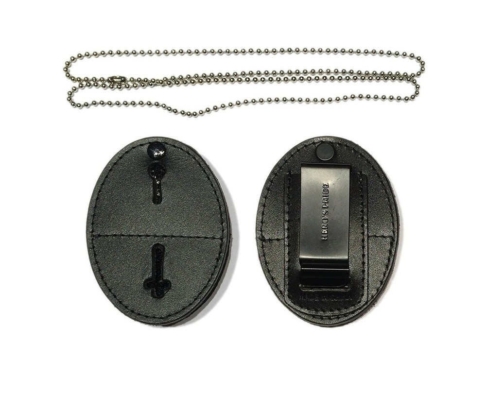 Universal Shield Leather Badge Holder Free Neck Chain Small W/ Hook Loop Closure