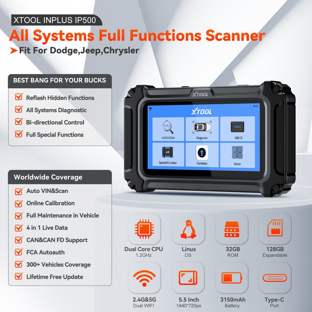 XTOOL IP500 For Chrysler Dodge Jeep Bidirectional OBD2 Scanner Diagnostic Tool