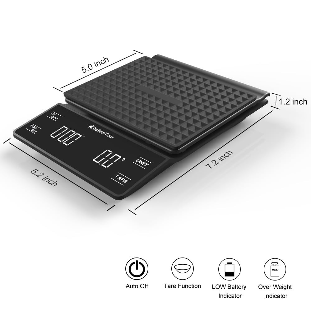 KitchenTour Digital Coffee Scale with Timer, 3kg Capacity & Backlit Display