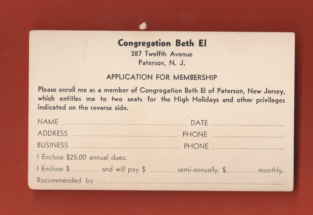 VINTAGE CONGREGATION BETH EI APPLICATION FOR MEMBERSHIP