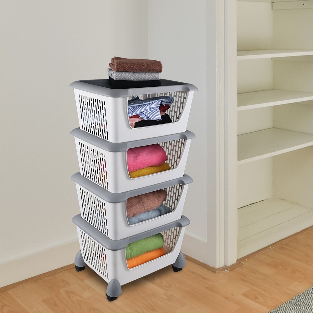 Idotry 4-Packs Plastic Stackable Storage Bins - Large Storage Basket with Wheels