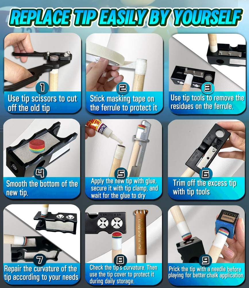 11in1 Pool Cue Tip Repair Kit Shaper Scuffer Trimmer Replacement Tool Pro