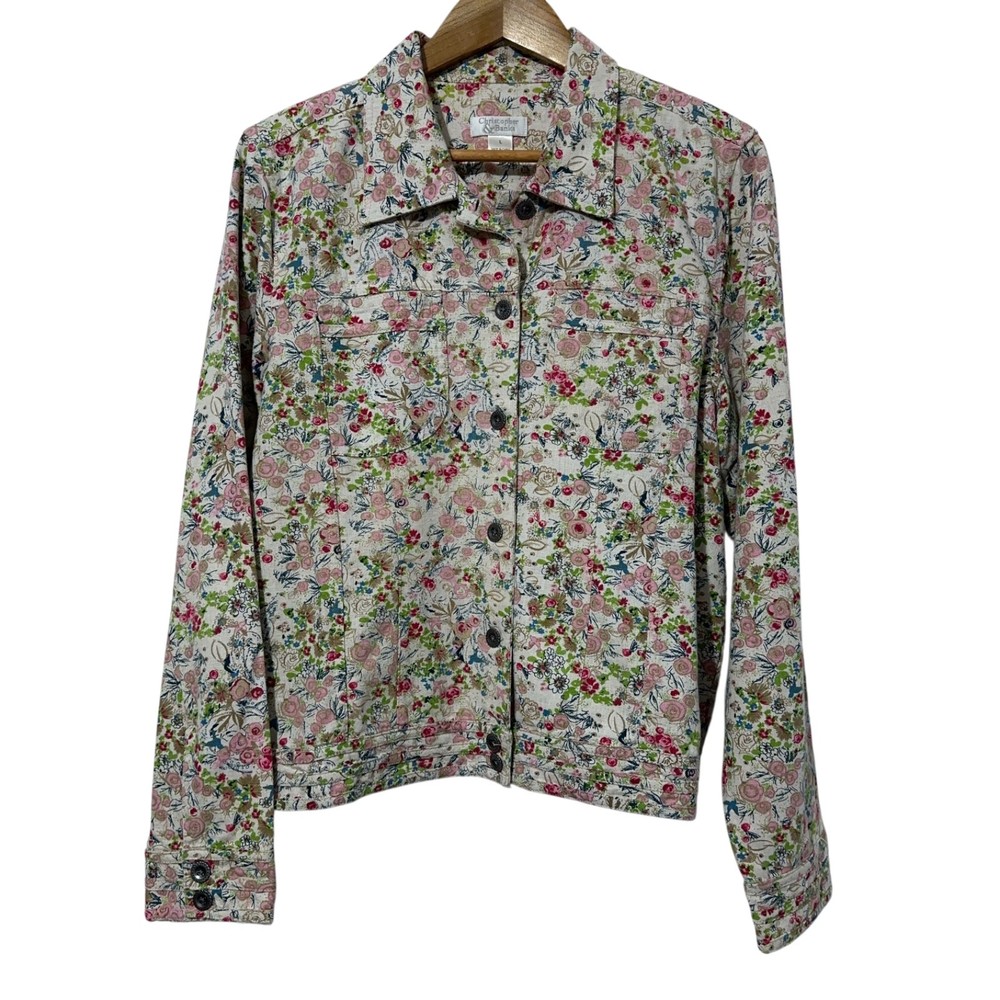 Christopher & Banks Womens Spring Floral Jacket Size L Button Front Stretch