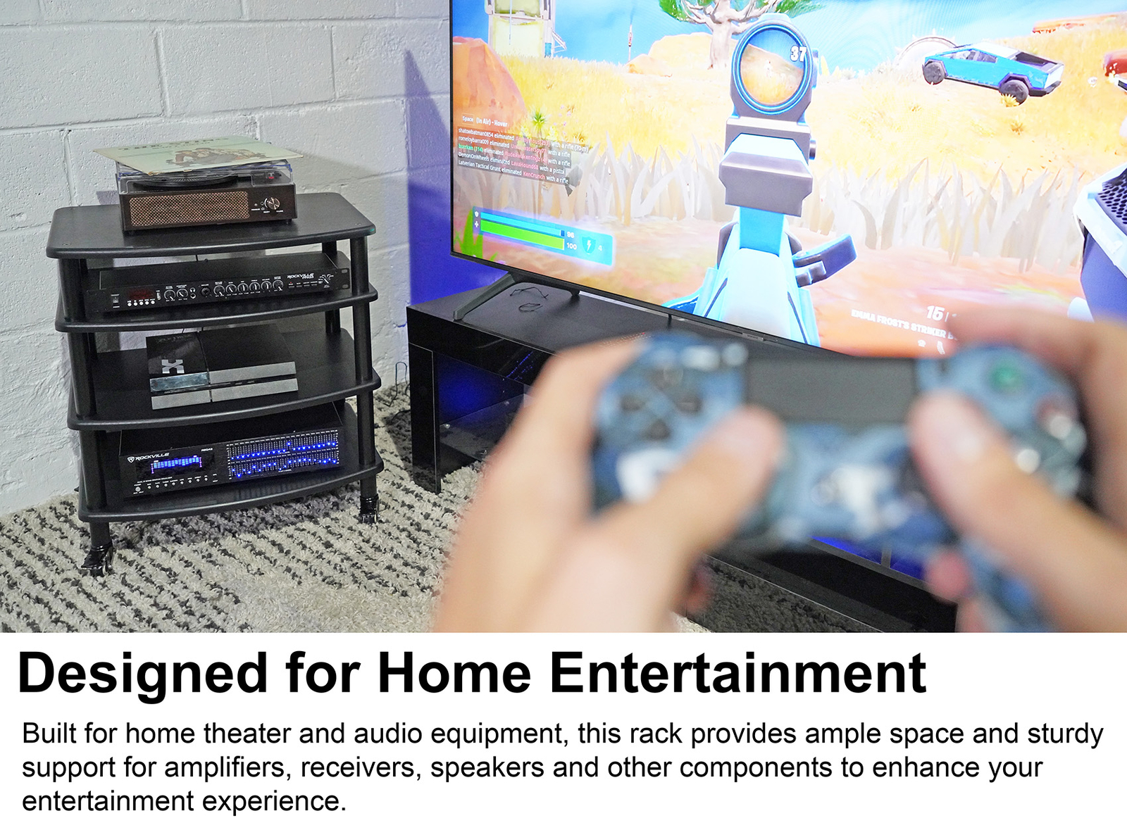 Rockville FLX BLACK Adjustable Height 4 Shelf Home Theater A/V Audio Rack Stand