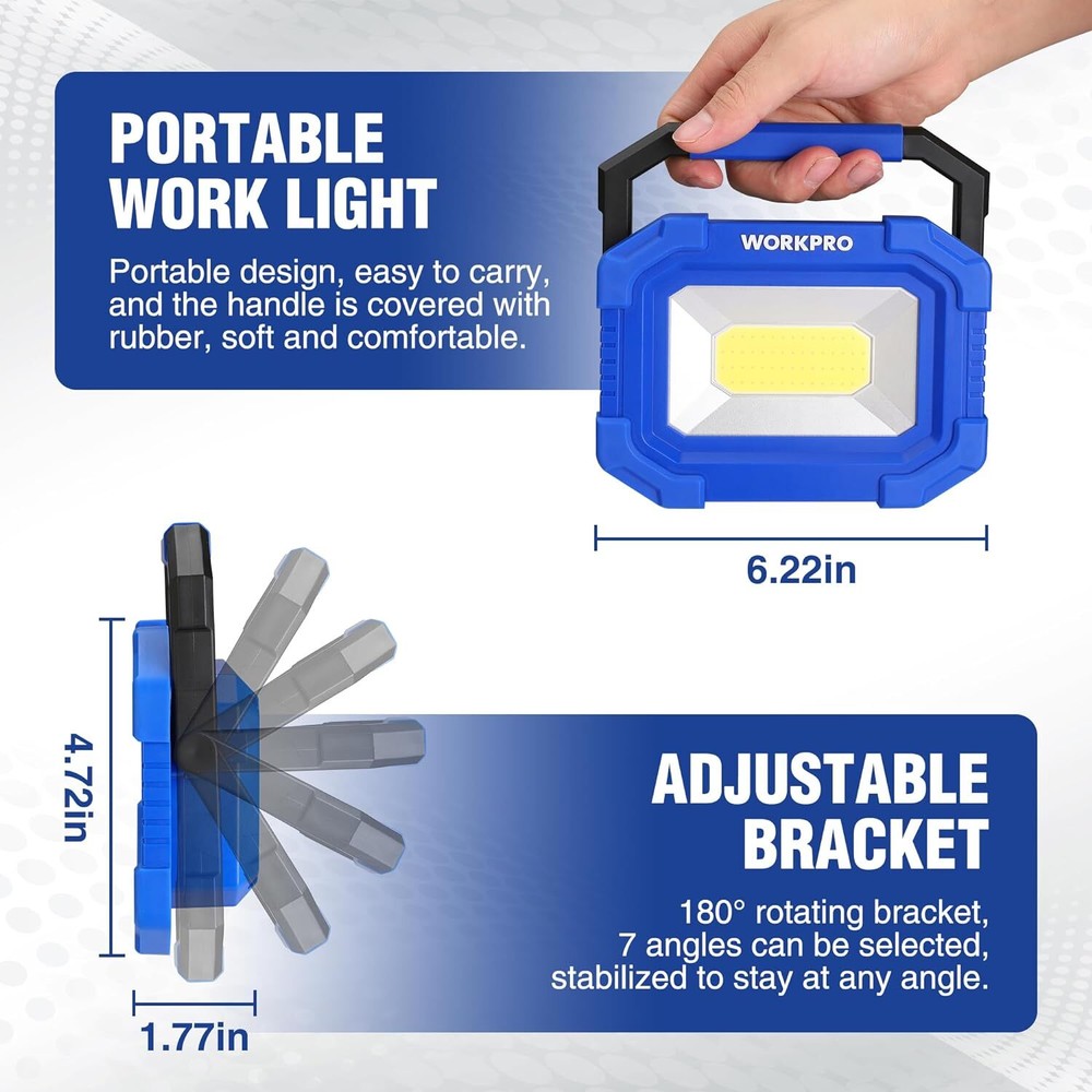 WORKPRO LED Work Light Rechargeable Magnetic with Stand 2 Pack 4Modes 2000LM COB