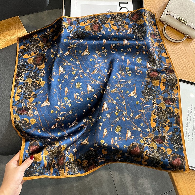 100% Silk Scarf Women Vintage Blue Leaves Kerchief Square Bandana Wrap 68*68cm