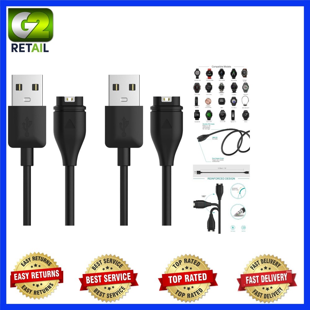 Compact 1M USB Charging Cable for Garmin Smartwatches - 2-Pack for Convenience