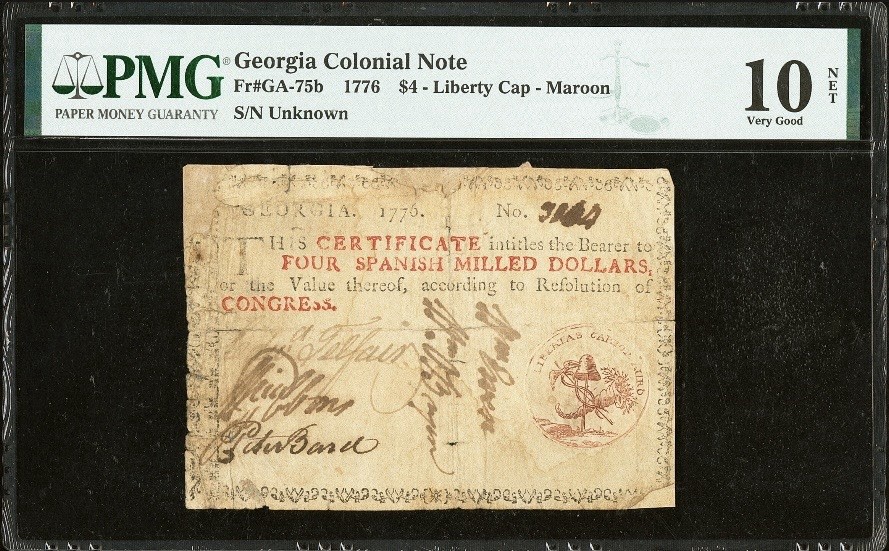 1776 GEORGIA American Revolution $4 Rare Colonial Currency Bank Note GA-75b, PMG