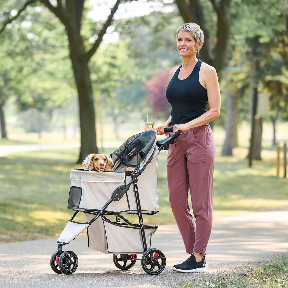 Lightweight Khaki Pet Stroller with Adjustable Canopy, Cup Holder & Brake System