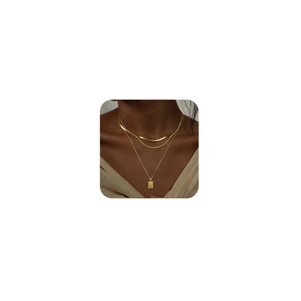 Kyerlyn Layered Gold Necklaces, 14K Plated, Herringbone Chain, Stackable