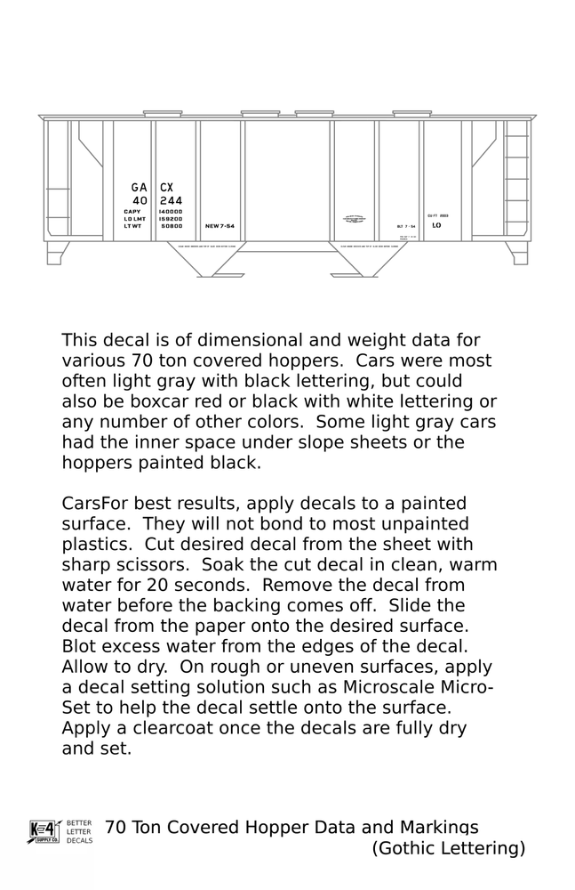 K4 HO Scale Decals White 70 Ton Covered Hopper Dimensional Data Set Gothic Font