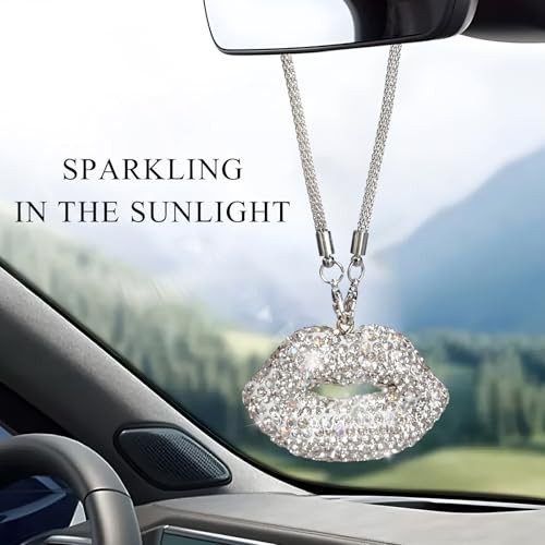 Bling Lip Car Rear View Mirror Charm, Personalized Rhinestone Lip Pendant White