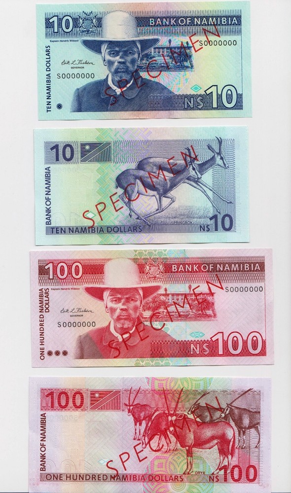 SPECIMEN: Namibia $10, & $100, ND (1993), UNC First banknotes