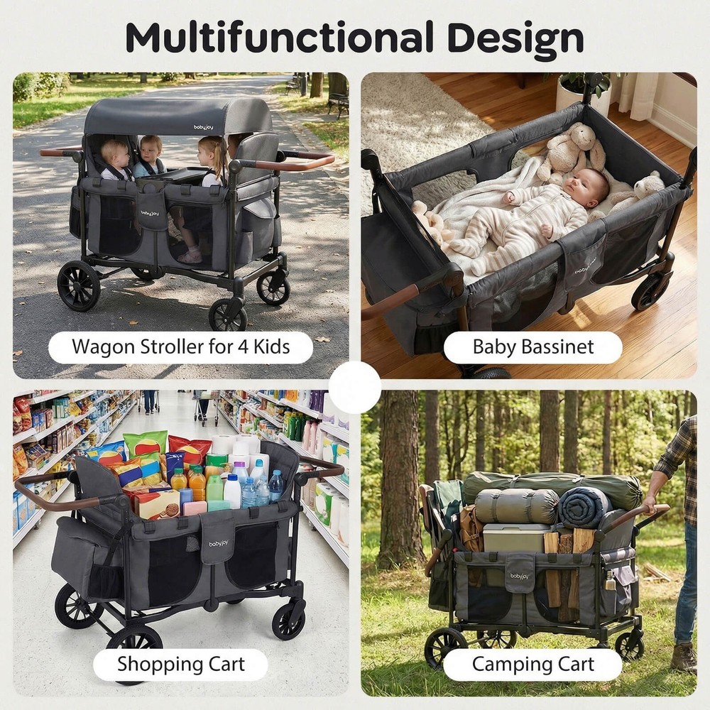 Wagon Stroller, Foldable 4-Seater Push-Pull Toddler Stroller w/Removable Canopy