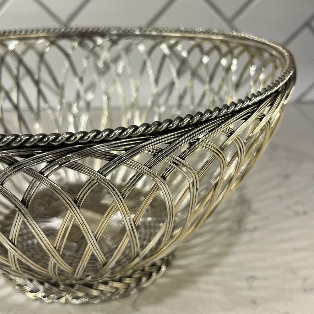 Vintage Silver Woven Wire Basket - MCM Gallia Style Fruit Bread Bowl 80s Decor