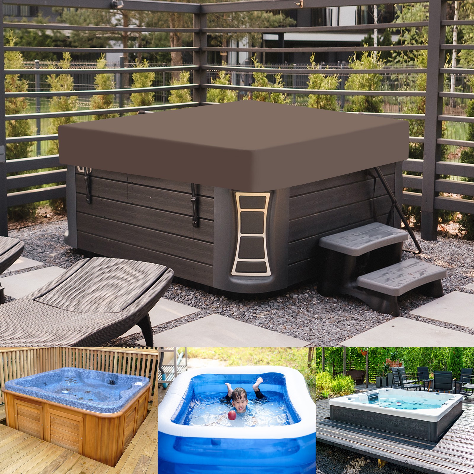 Square Hot Tub Cover 210D Oxford Waterproof SPA Cover Gray 85.8"x85.8"x11.8"