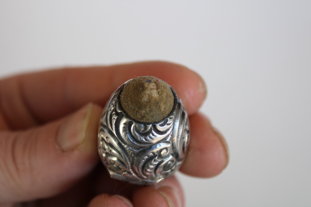 Antique Sterling Silver Repousse Sewing Chatelaine Egg Thimble Case & Pincushion