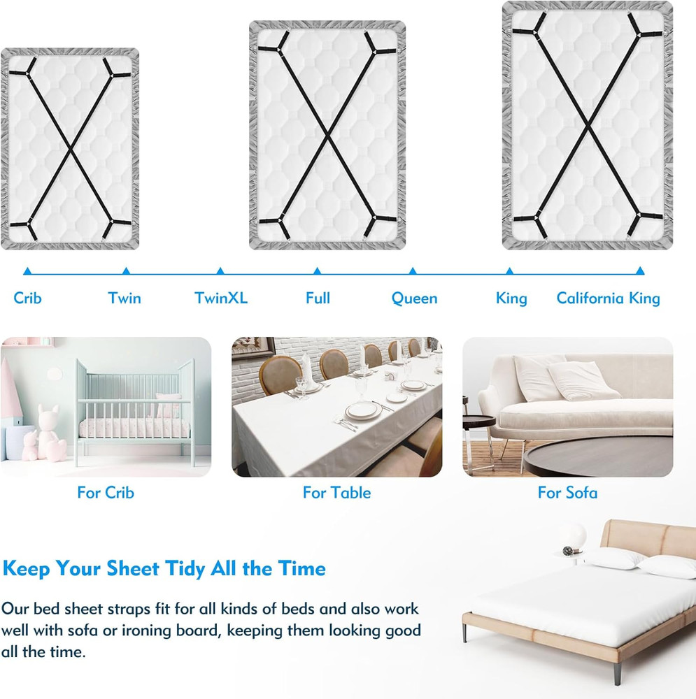 Bed Sheet Straps, 2Pcs Elastic Adjustable Bed Sheet Holder Straps, Fitted Sheet