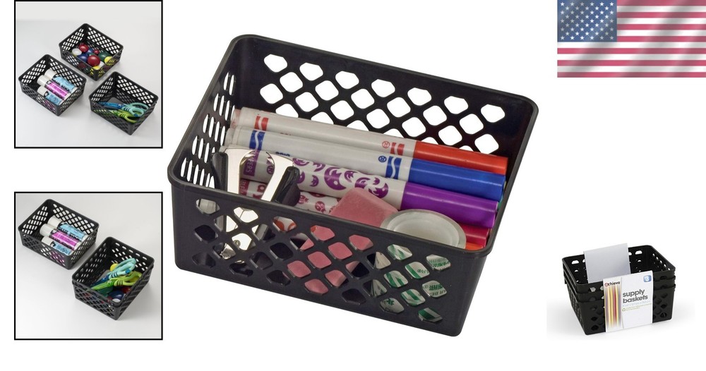 Compact Black Supply Baskets (3-Pack) for Efficient Home and Office Organization