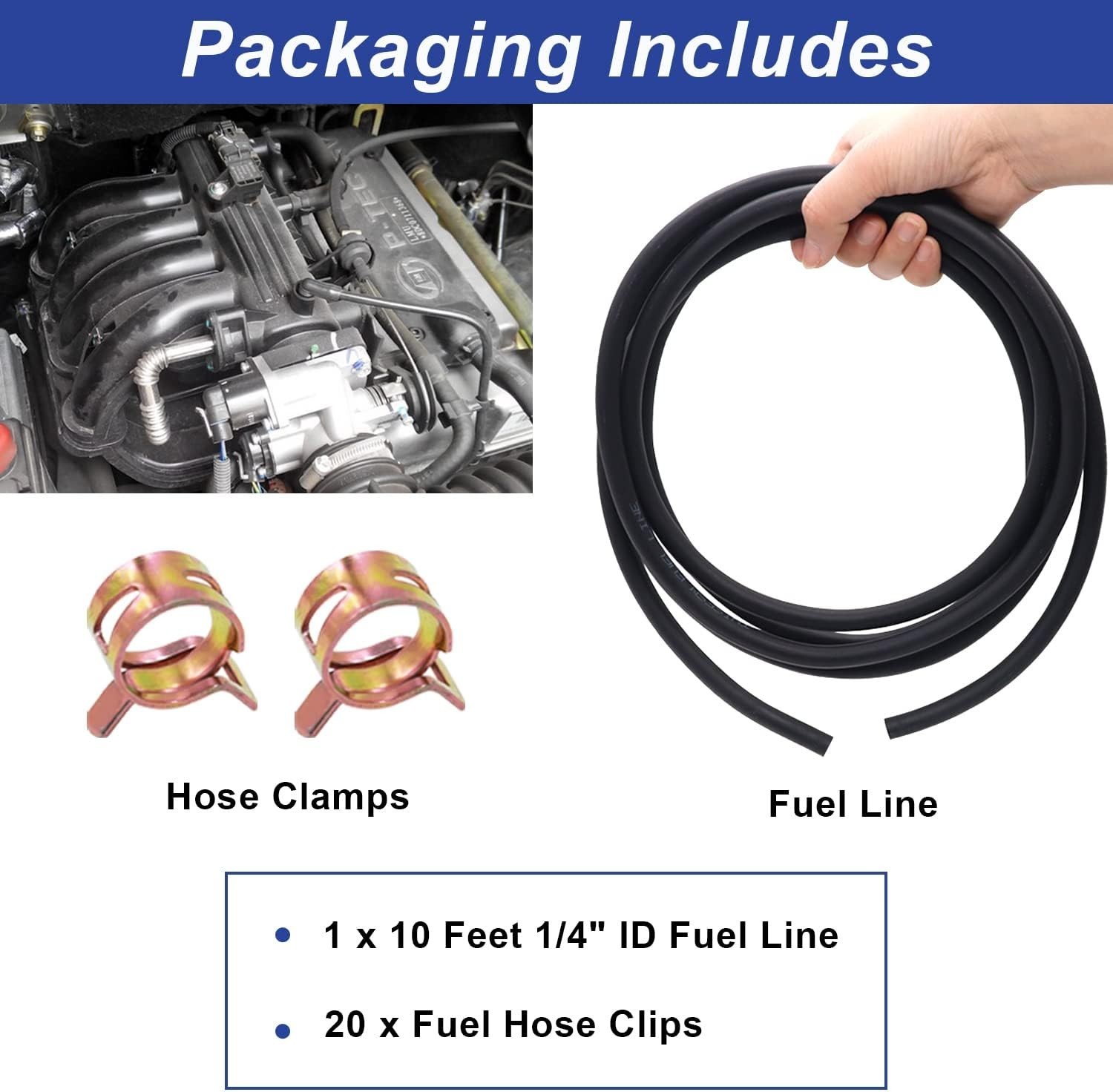 1/4 Inch ID Fuel Line Hose 10Ft + 20 Hose Clamps for Small Gas Engines-Free Ship
