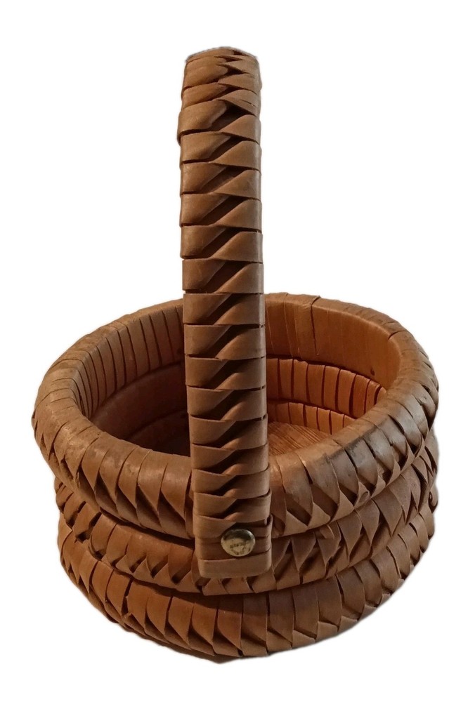 Small Vintage Bamboo Basket Triple Coils w/Handle Easter Round Boho