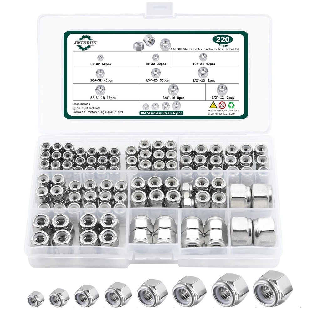 SAE Lock Nuts Assortment Kit, 220PCS Nylon Insert Nut Sets, 304 Stainless Ste...
