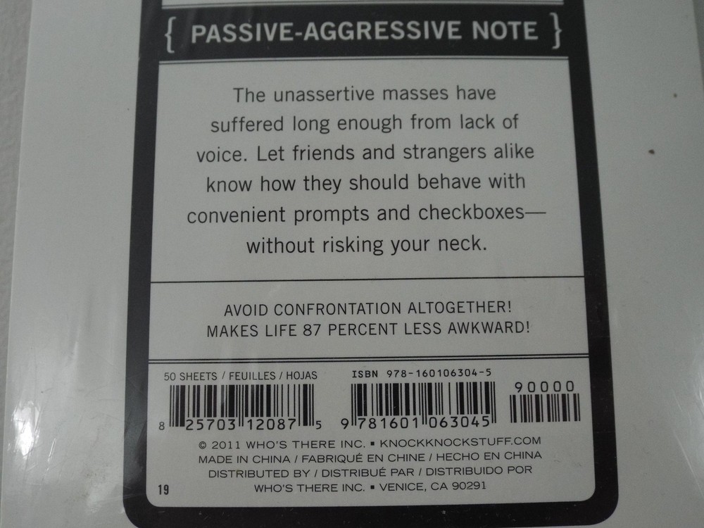 Nifty Notes "Passive-Aggressive" 49+ Page Funny Novelty Notepad (New, Sealed)