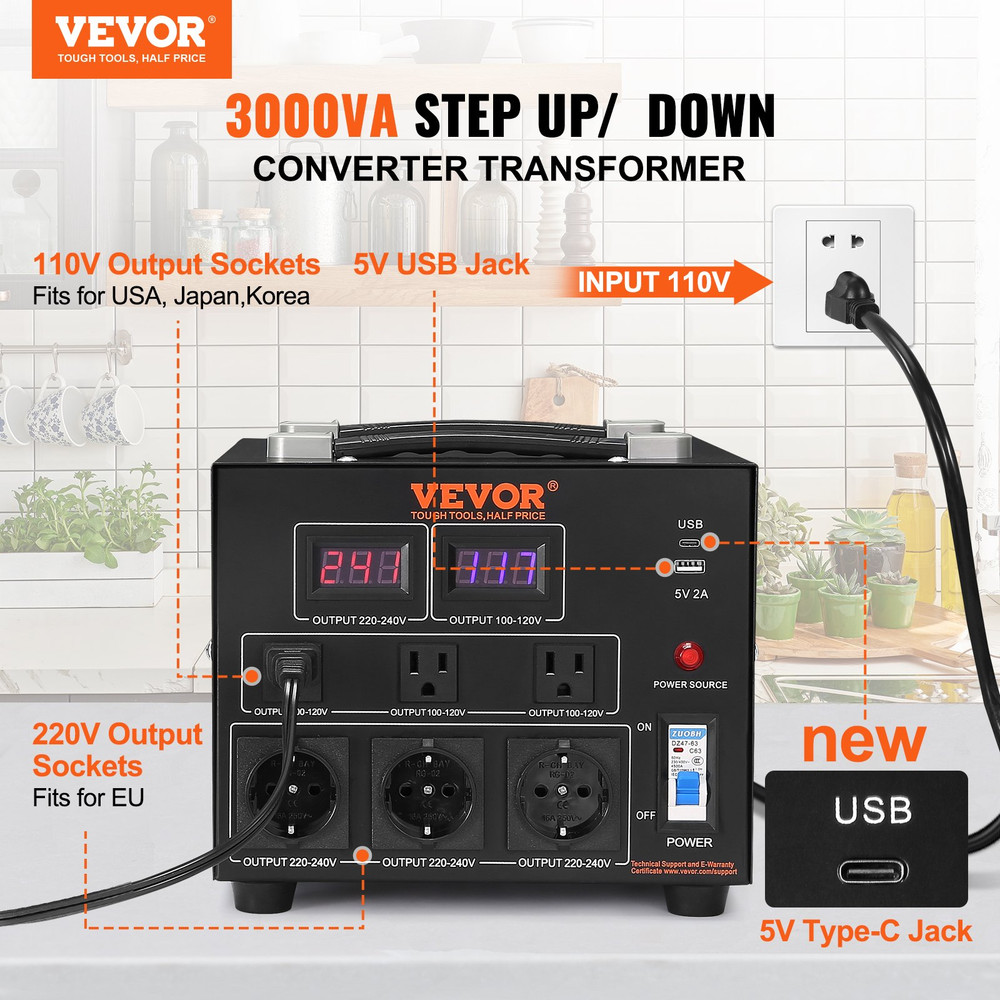 VEVOR Voltage Converter Transformer, 3000W, CE Certified