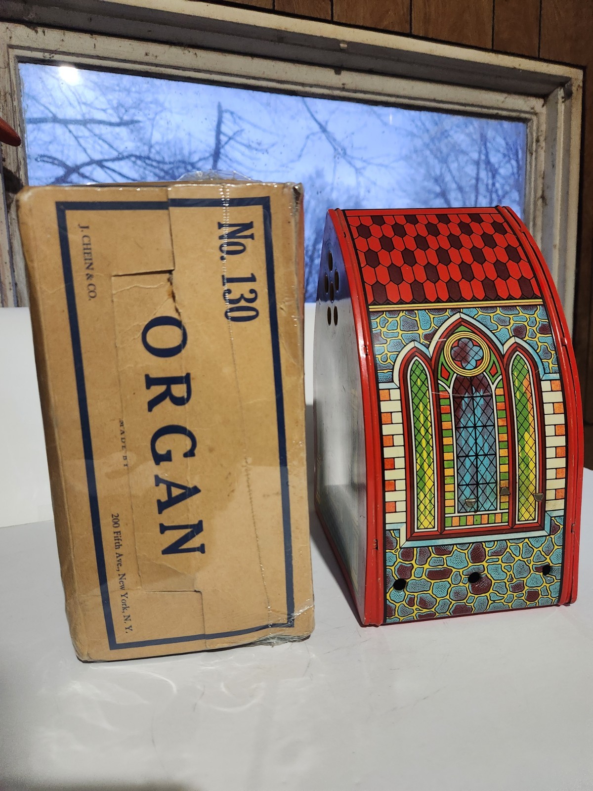 Old Chein Tin Wind Up Musical Cathedral Church Organ With Box