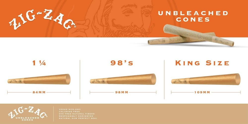 Zig-Zag Pre Rolled Cones Unbleached 1 1/4 Size (100 Cones) Rolling Papers