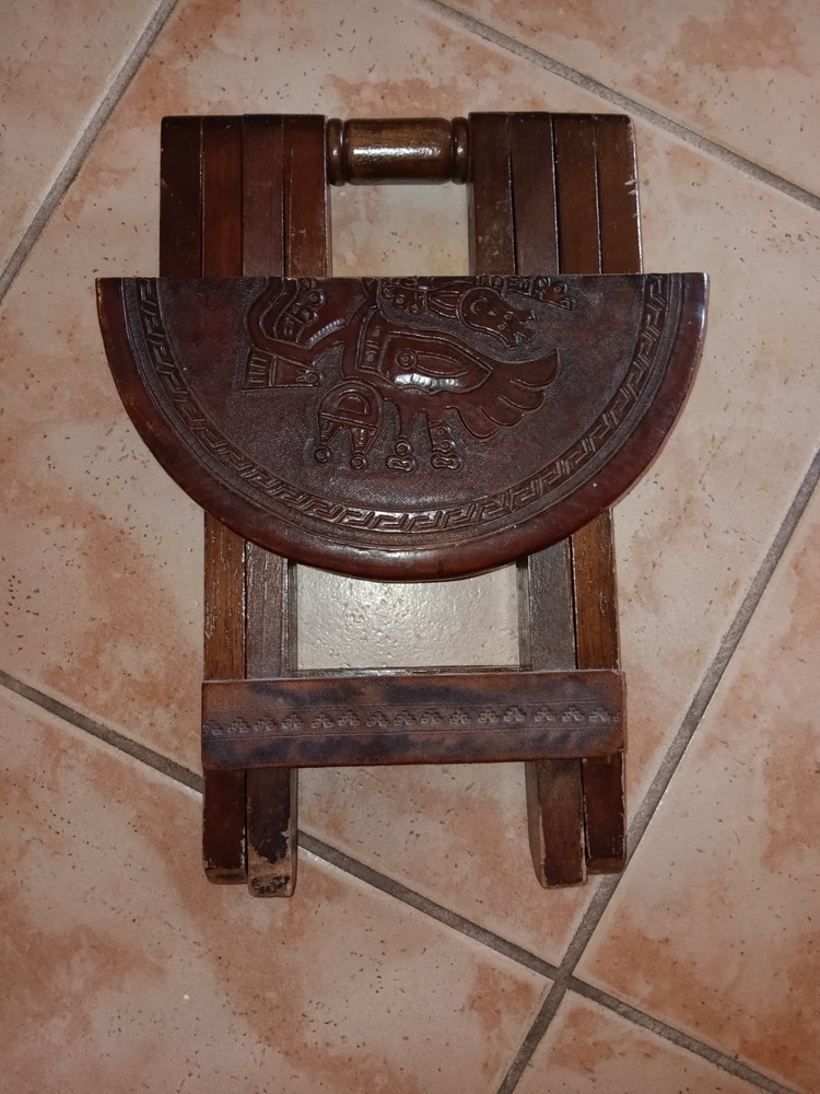 Vintage Peruvian Folding Stool Hand Tooled Leather