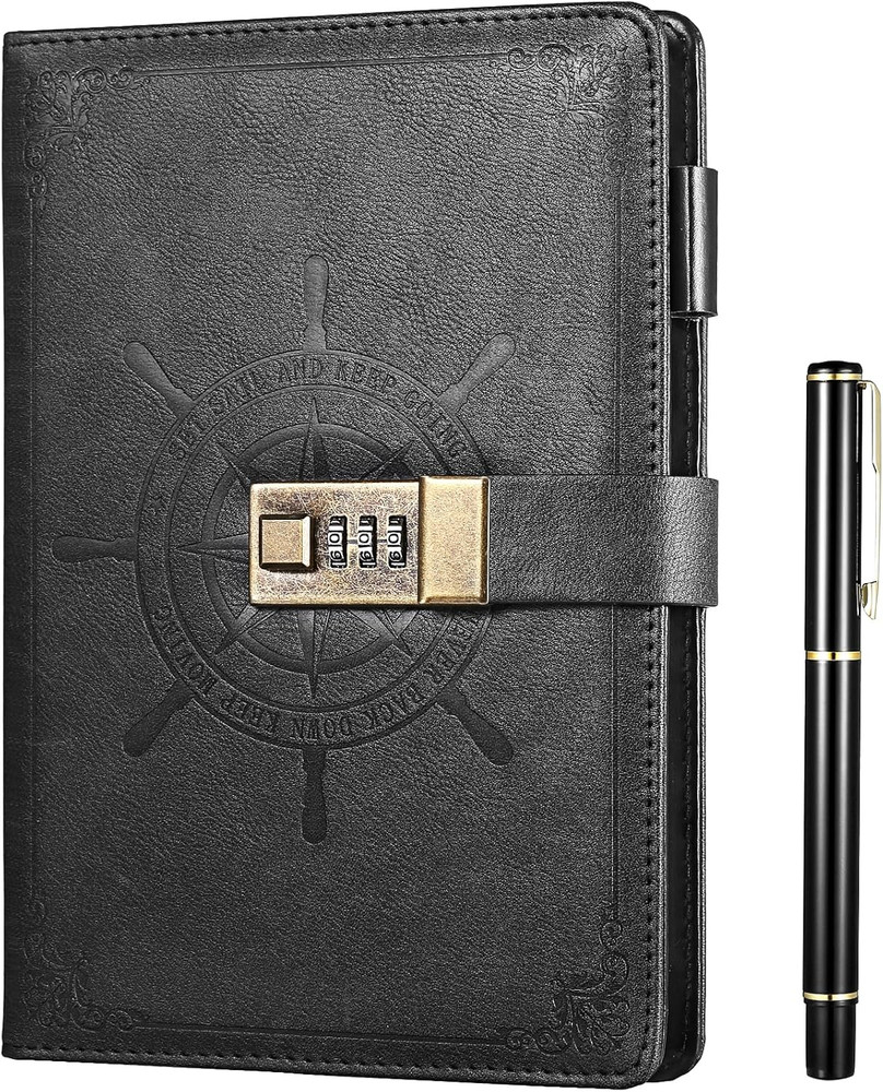 Black Journal with Lock, Refillable Faux Leather Lock Diary Notebook Planner