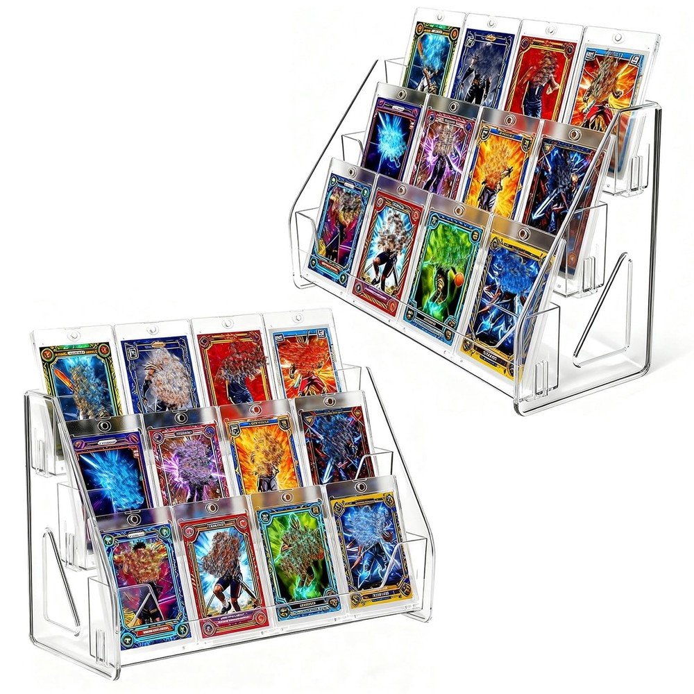 2 Pack 3-Tier Greeting Card Display Stand – Clear Vertical Riser Shelf Rack H...