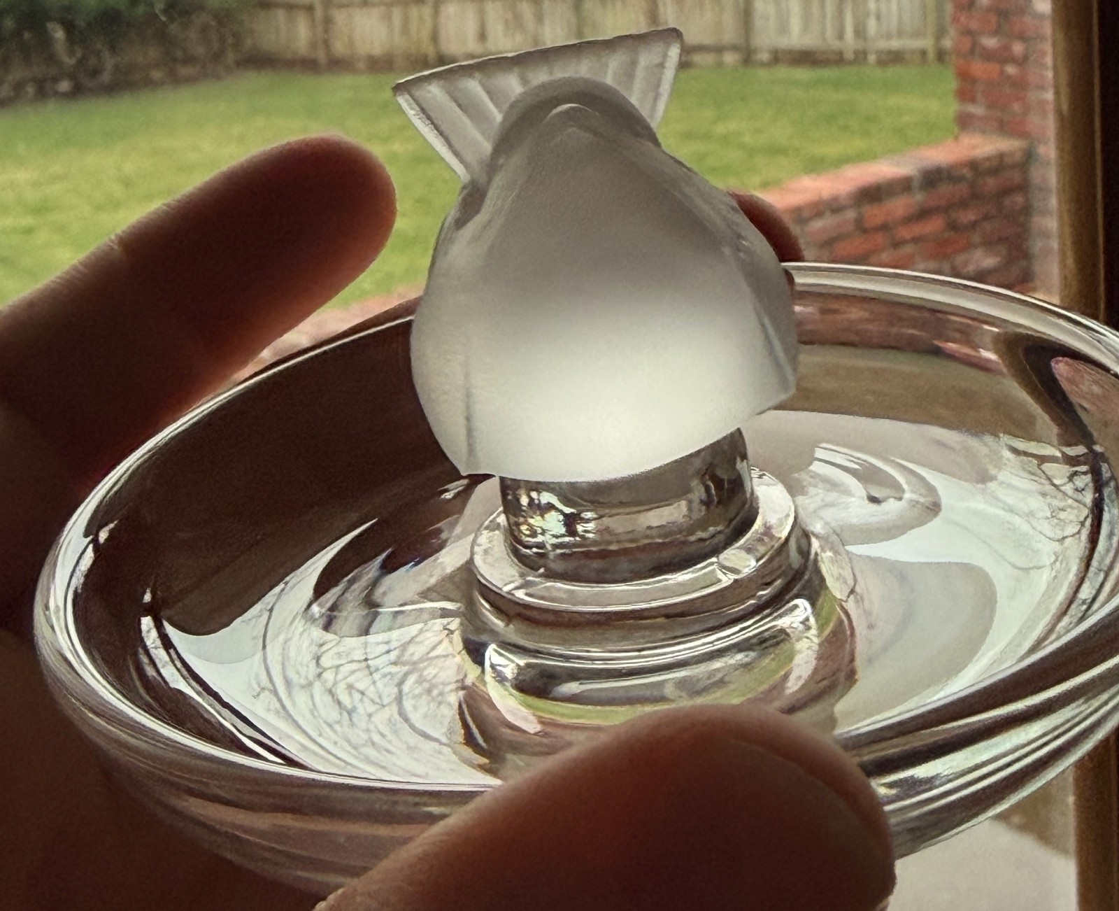 Lalique Pinson Finch 1970s Art Glass Ring Dish Clear & Frosted Crystal 2” Tall