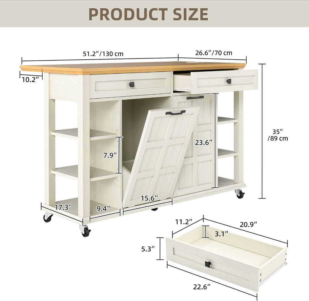 Mobile Kitchen Island with Drop Leaf & Trash Can, Off White Storage Table