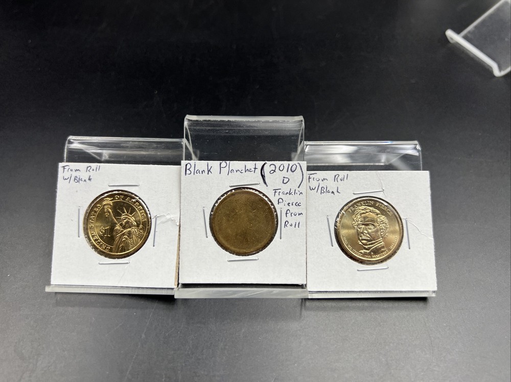 US Small Size Brass Dollar Blank Error Franklin Pierce 2010 Planchet 3 Coin Set