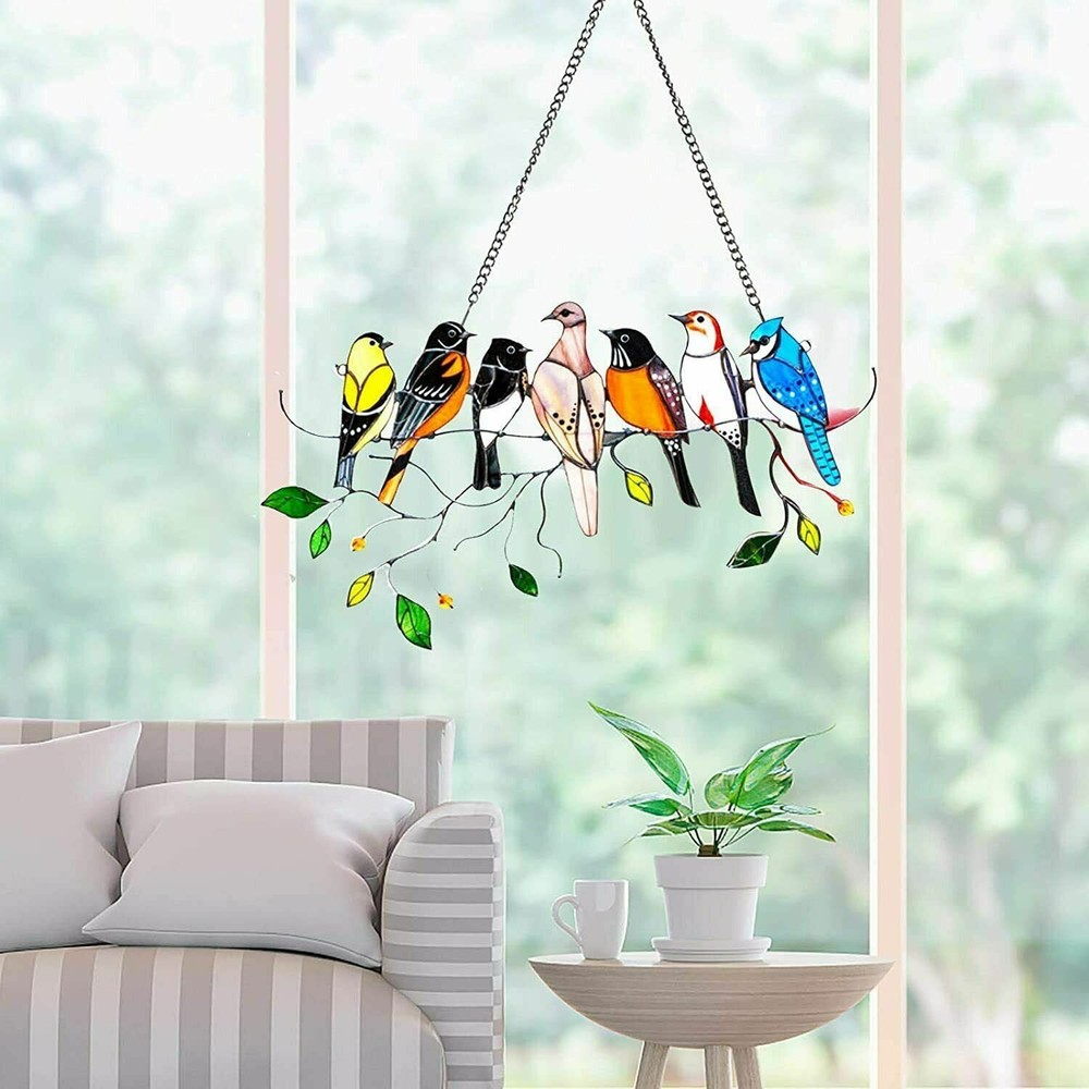 7 Birds on a Wire High Suncatcher Window Panel Hanging Multicolor Home Decor